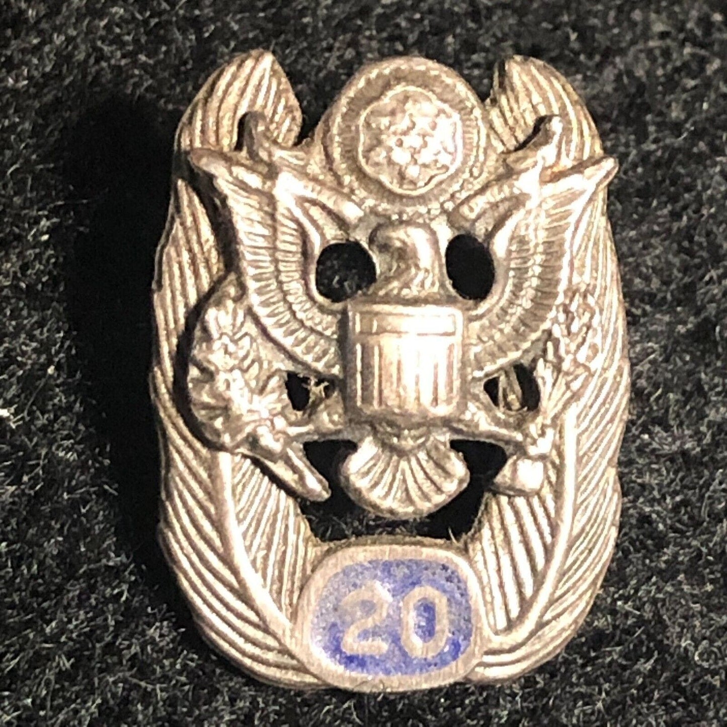 Vintage Military ? Eagle 20 Year Award Pinback Lapel Pin - Sterling