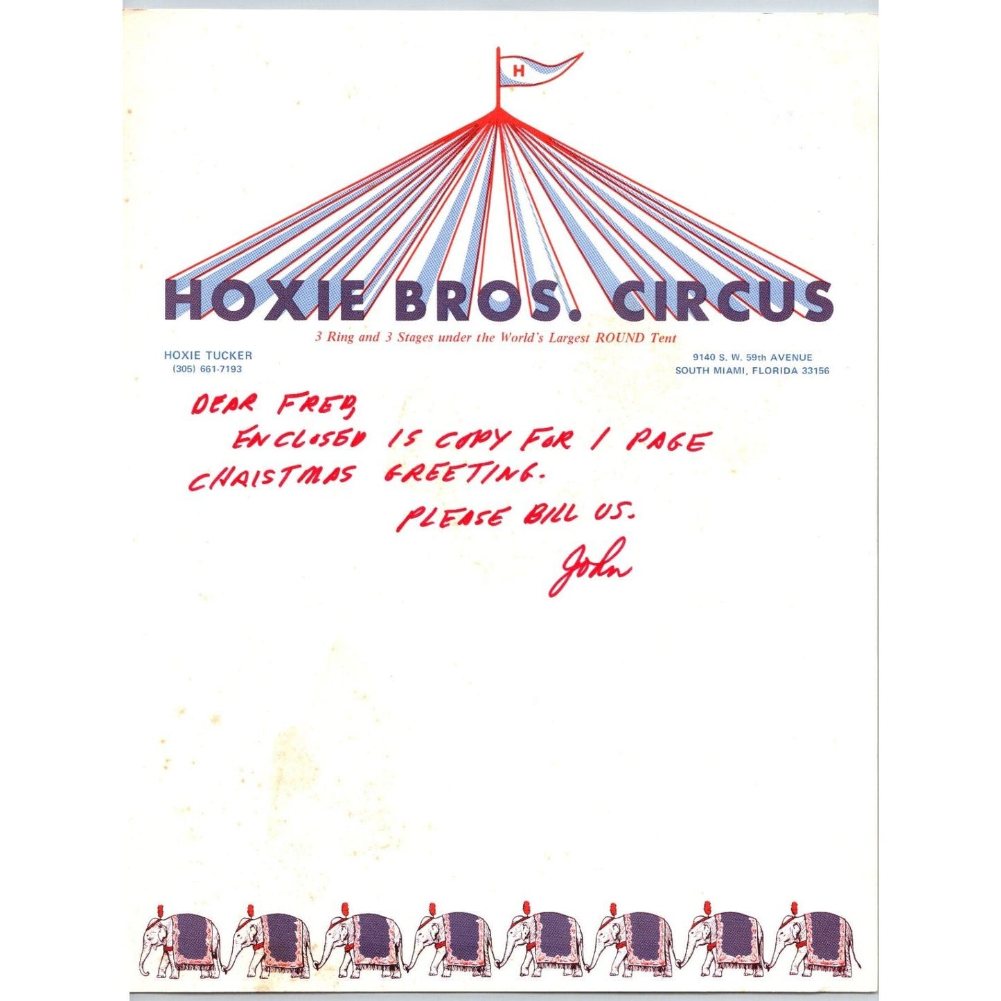 Hoxie Bros. Circus Letterhead c1975 Circus Big Top Elephants Scarce