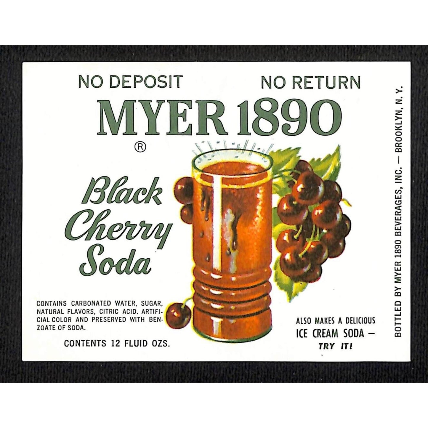 Myer 1890 Black Cherry Soda Brooklyn Paper Soda Label c1960 Scarce VGC