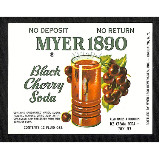 Myer 1890 Black Cherry Soda Brooklyn Paper Soda Label c1960 Scarce VGC