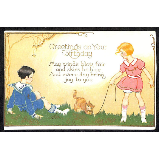 Birthday Postcard - Boy and Girl Play Outdoors with Kitten Cat EMB. c1915-20