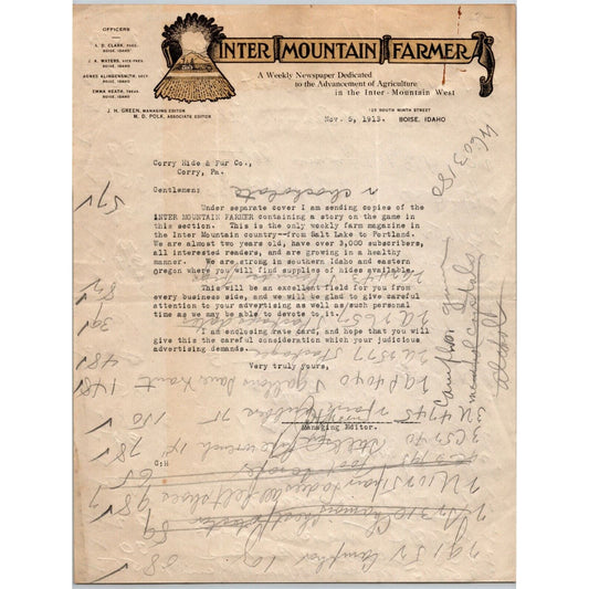 Inter Mountain Farmer 1913 Boise Letterhead Weekly Newspaper to: Corry Hide Fur