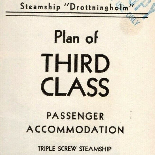 1938 SS Swedish American Line Drottningholm 3rd Cl. Deck Plan Single Sheet - VGC