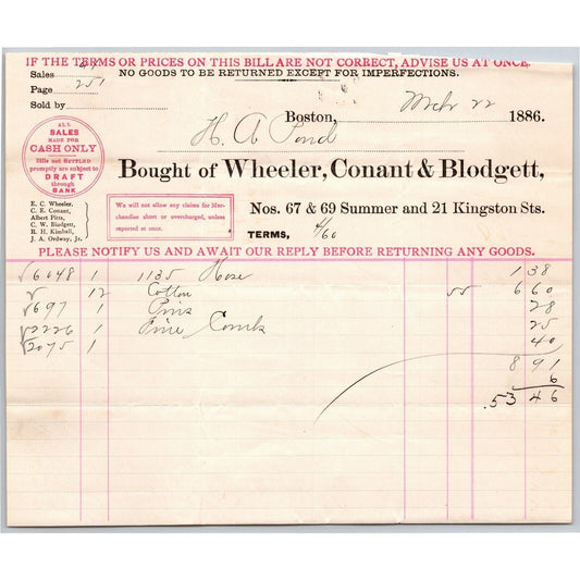 Boston, MA Wheeler, Conant & Blodgett 1886 Billhead