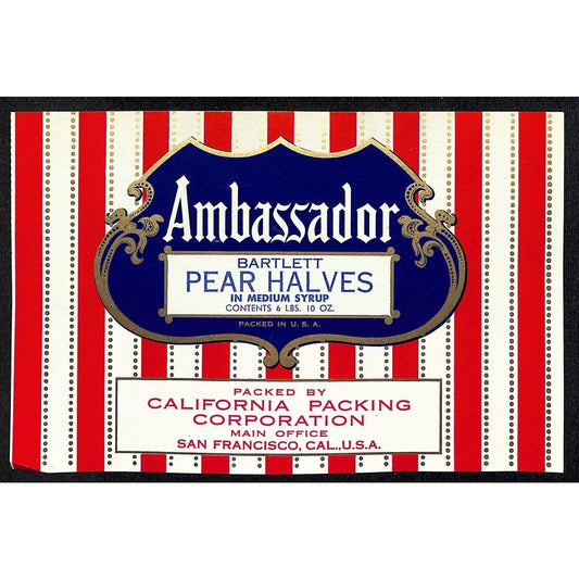 c1945 Paper Can Label Ambassador Pear Halves California Packing San Francisco