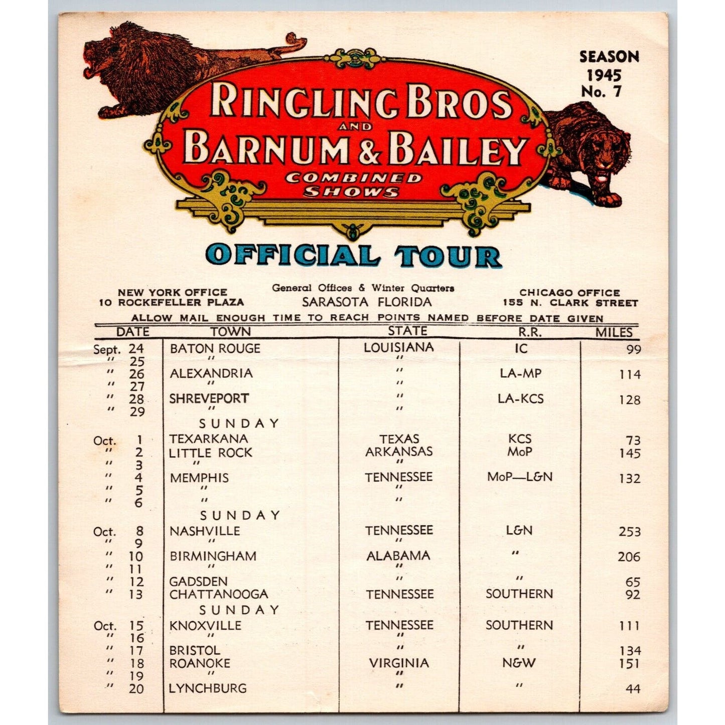 1945 Ringling Bros Barnum & Bailey Circus Route Card Baton Rouge Little Rock