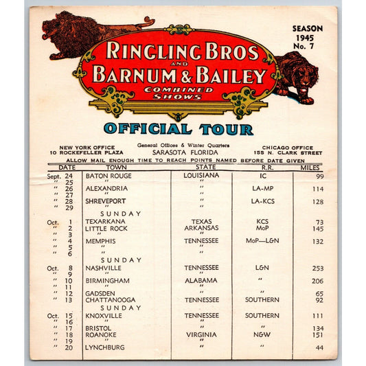 1945 Ringling Bros Barnum & Bailey Circus Route Card Baton Rouge Little Rock