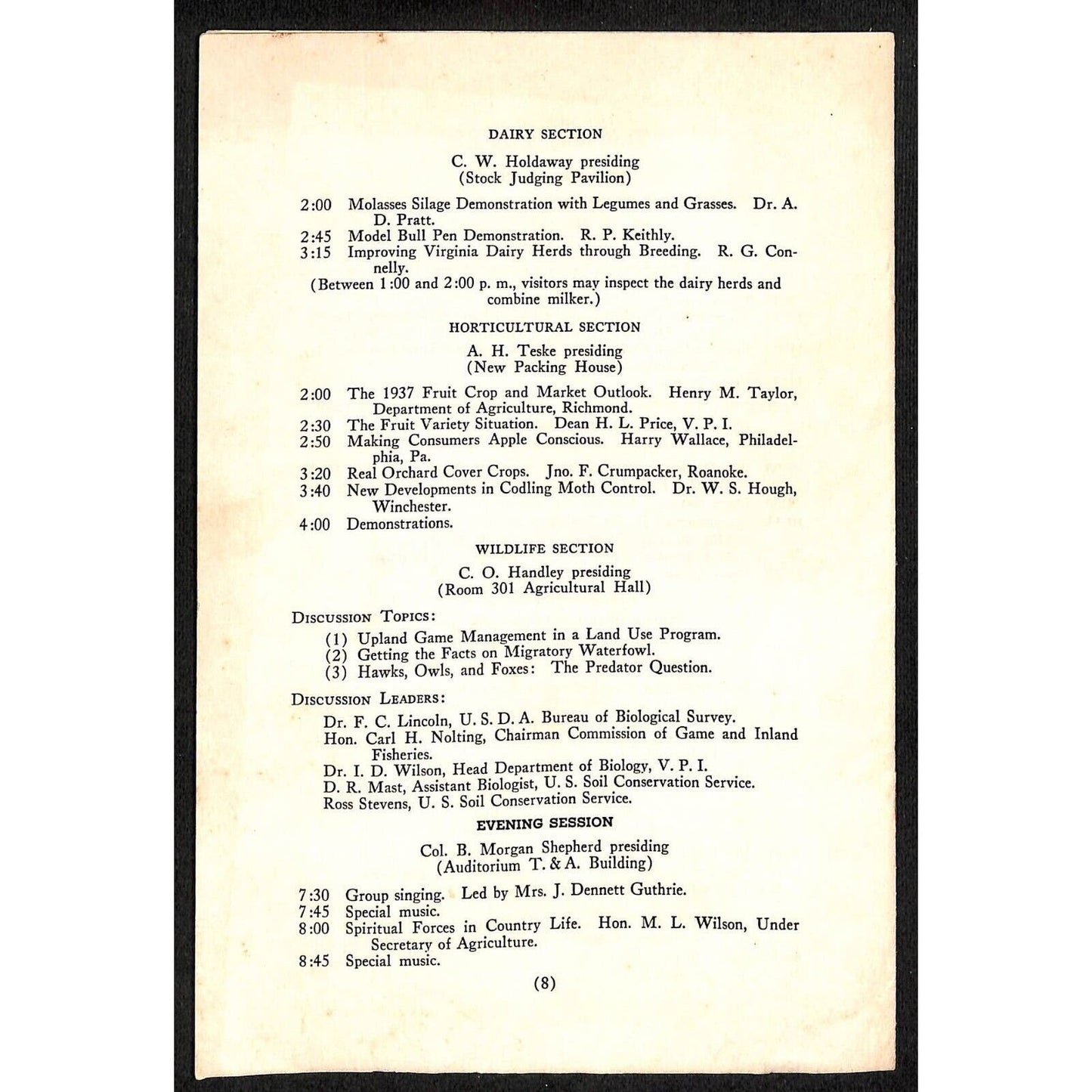 Blacksburg, VA 1937 Institute of Rural Affairs Announcement Program 8pp