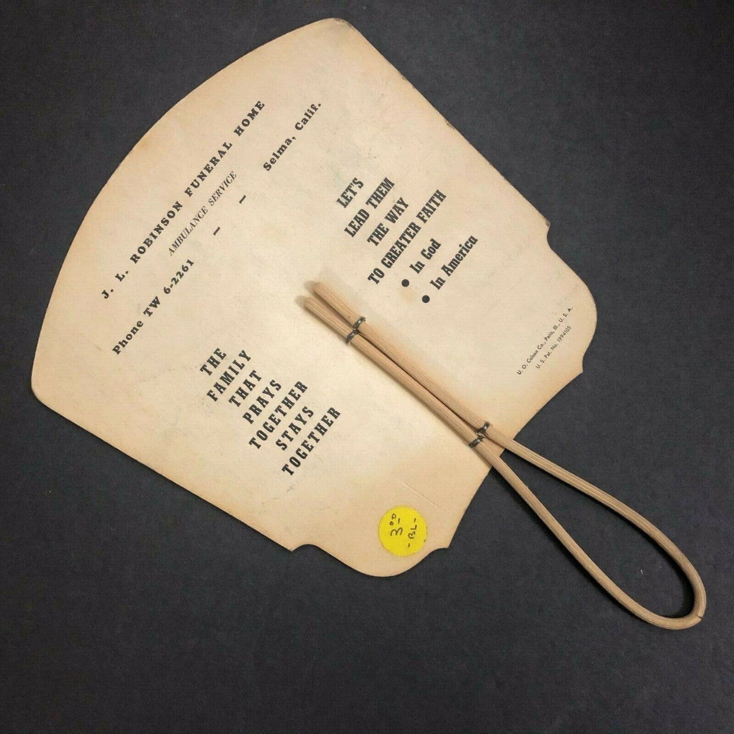 c1936-40's Advertising Hand Paper Fan Robinson Funeral Home, Selma, CA
