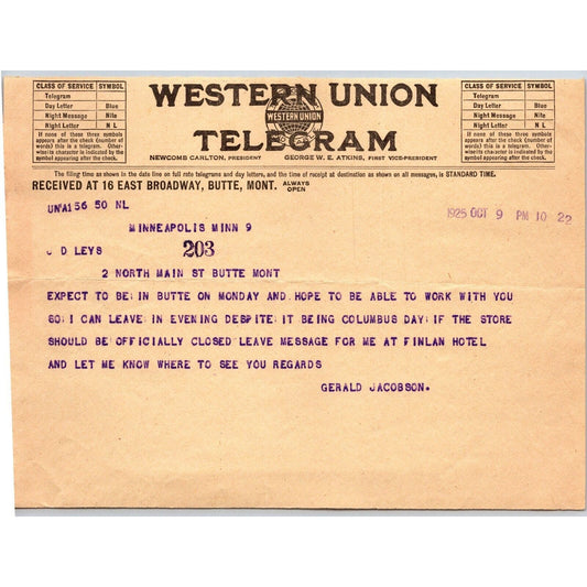 "Leys" Jewelers Butte, MT 1925 Western Union Telegram re: Message / Finlan Hotel