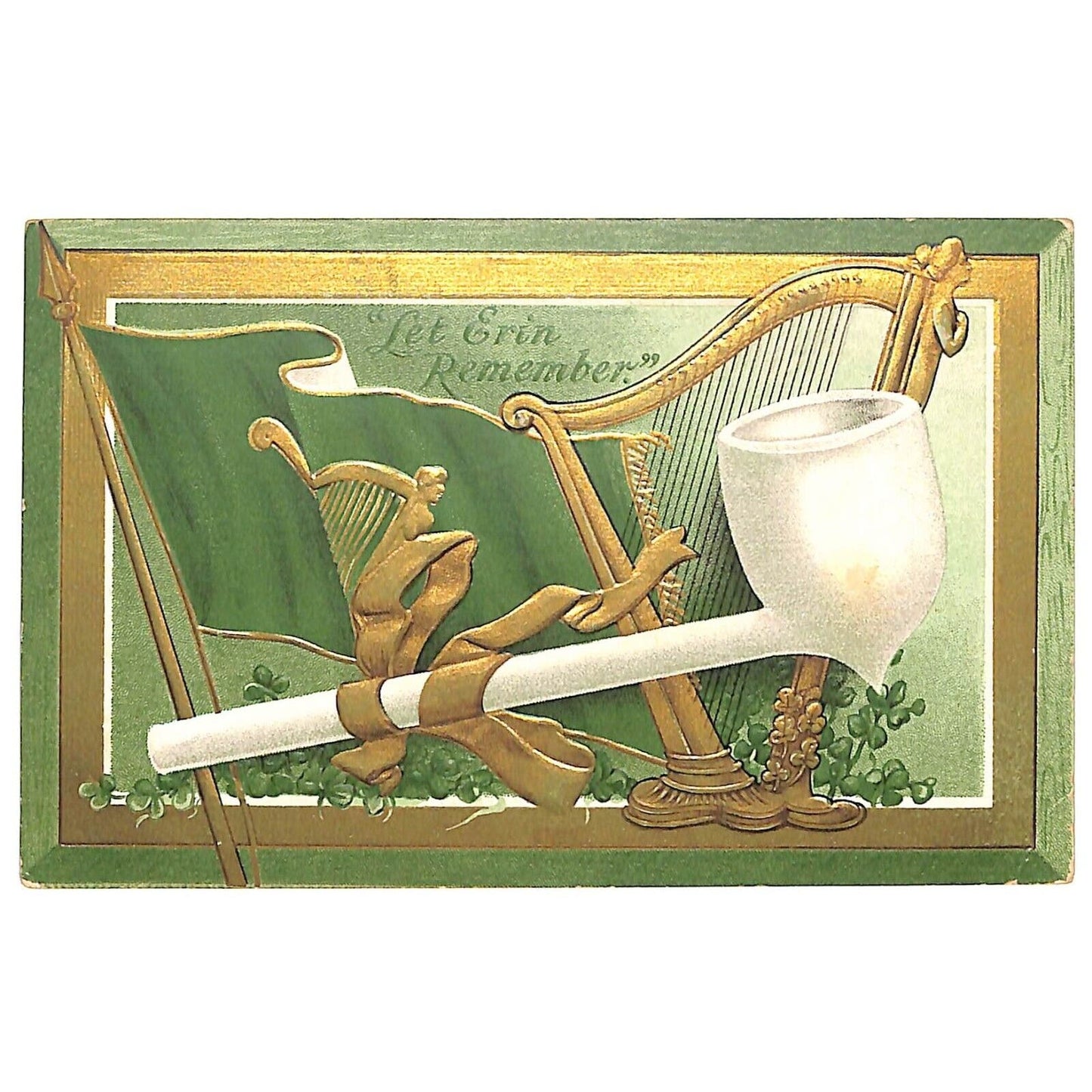 Ireland Postcard Erin Go Bragh Pipe Flag Harp Gilt Embossed NP c1909-15