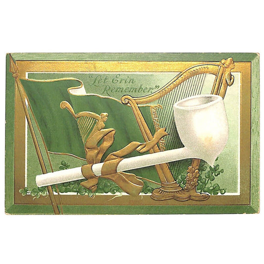 Ireland Postcard Erin Go Bragh Pipe Flag Harp Gilt Embossed NP c1909-15