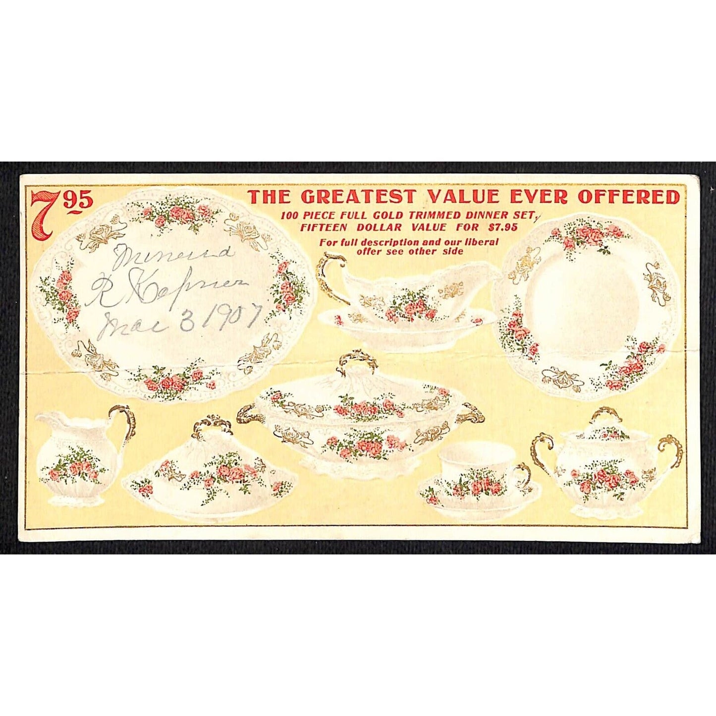 Sears & Roebuck Adv. Trade Card 100 Gold Trimmed Piece Dinner Set $7.95 c1907
