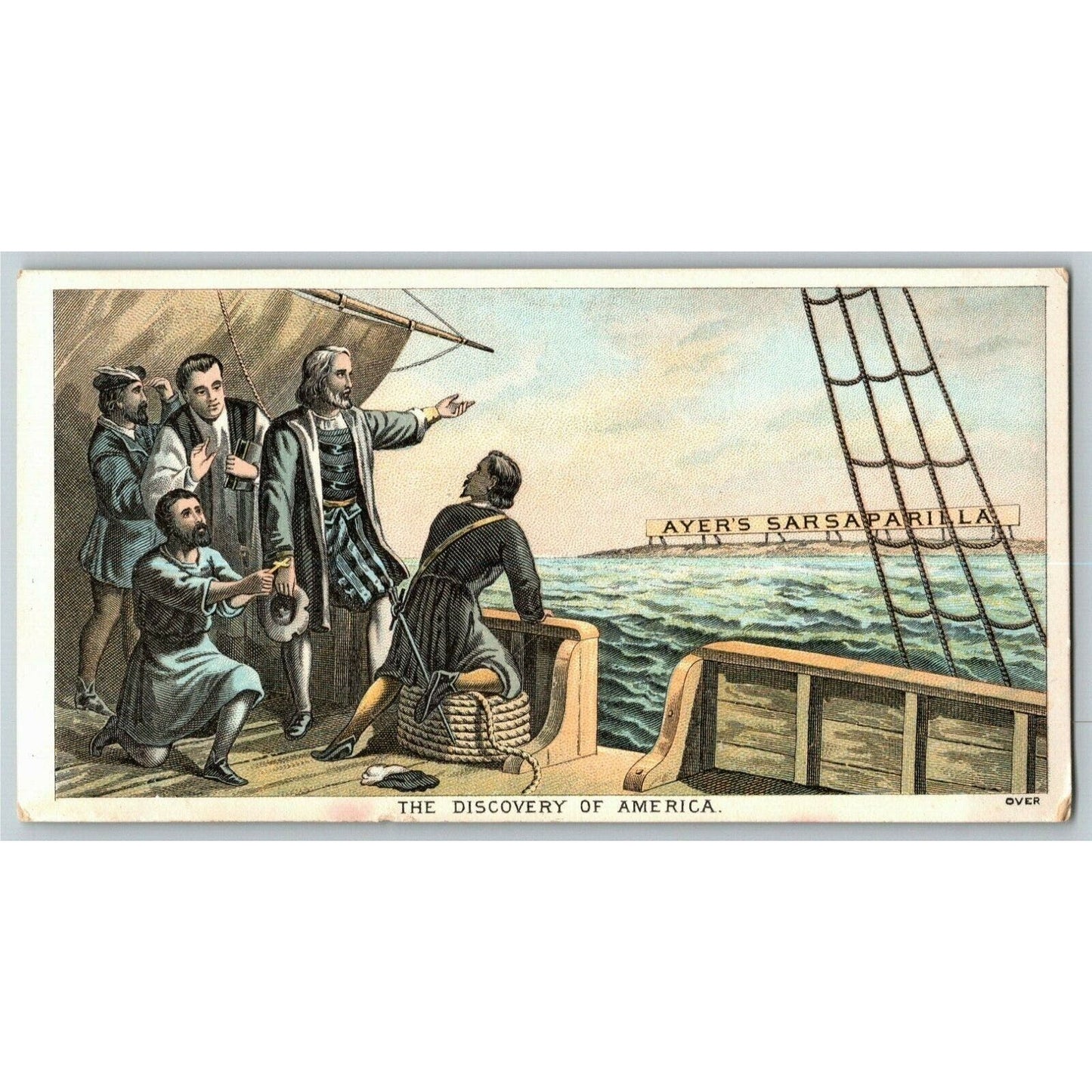 Victorian Trade Card Columbus "Discovers" Ayer's Sarsaparilla - Lowell, MASS