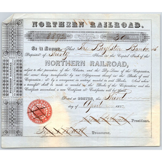1852 Boston, MA Northern Railroad Stock Certificate No. 8892 for 30 Shares