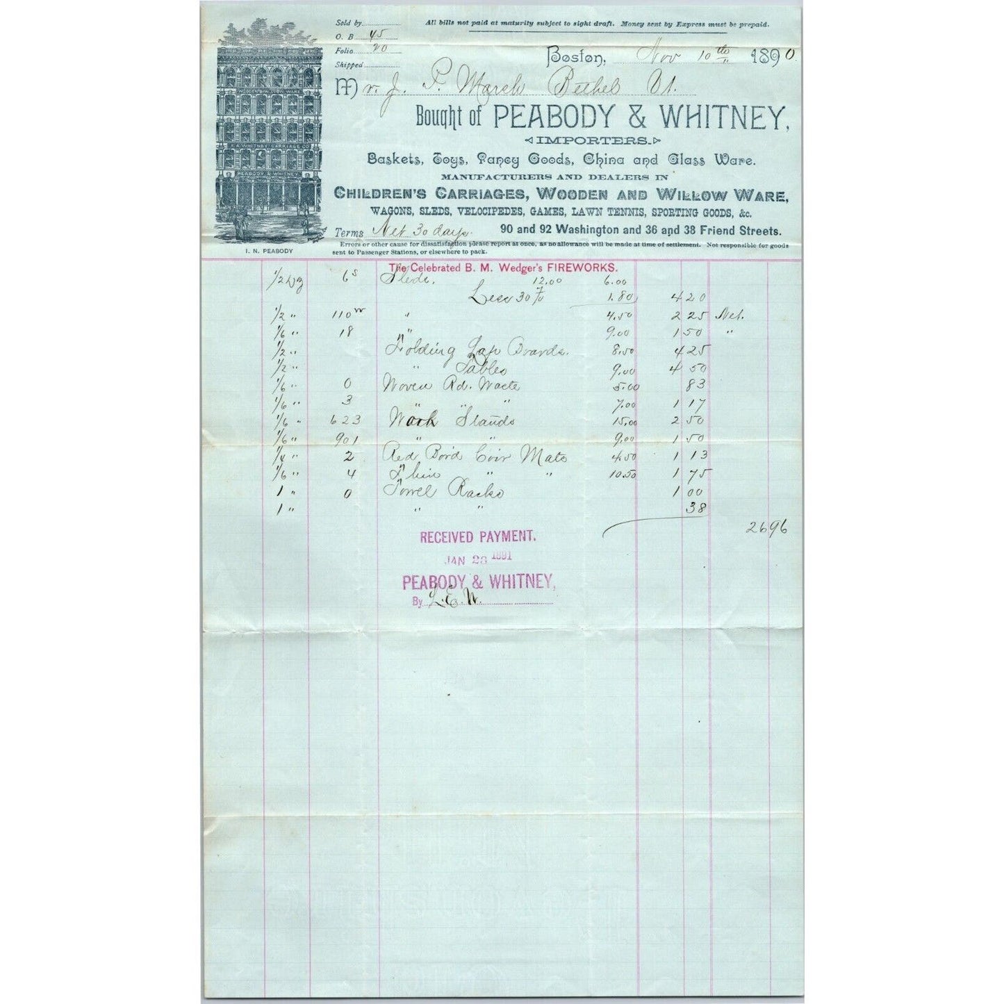 Boston, MA Peabody & Whitney Fireworks c1888 Billhead JP Marsh Bethel, VT Scarce