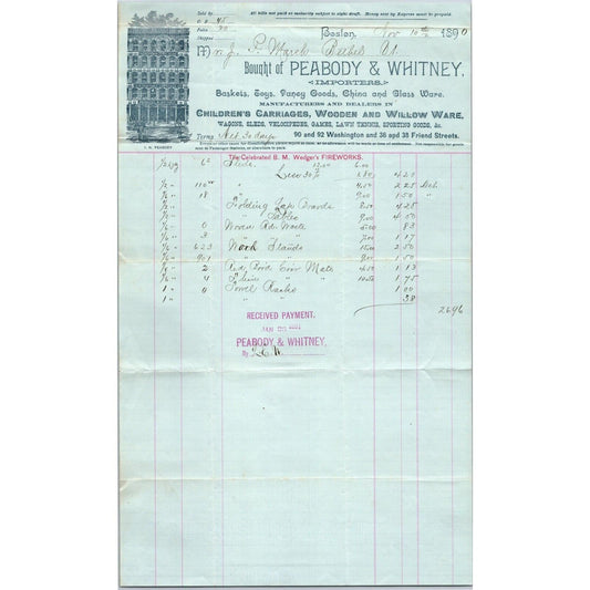 Boston, MA Peabody & Whitney Fireworks c1888 Billhead JP Marsh Bethel, VT Scarce