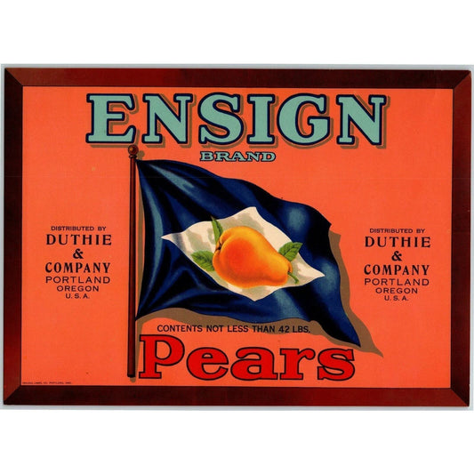 Ensign Brand Pears Vintage Original Paper Fruit Crate Label Duthie Portland ORE