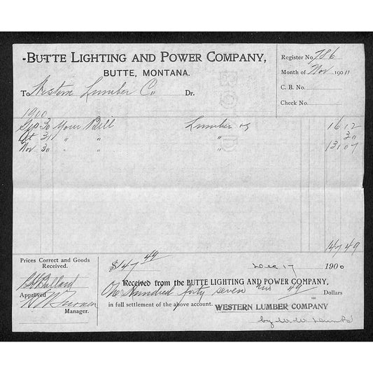 Butte, MT Butte Lighting and Power Co. Western Lumber 1900 Billhead
