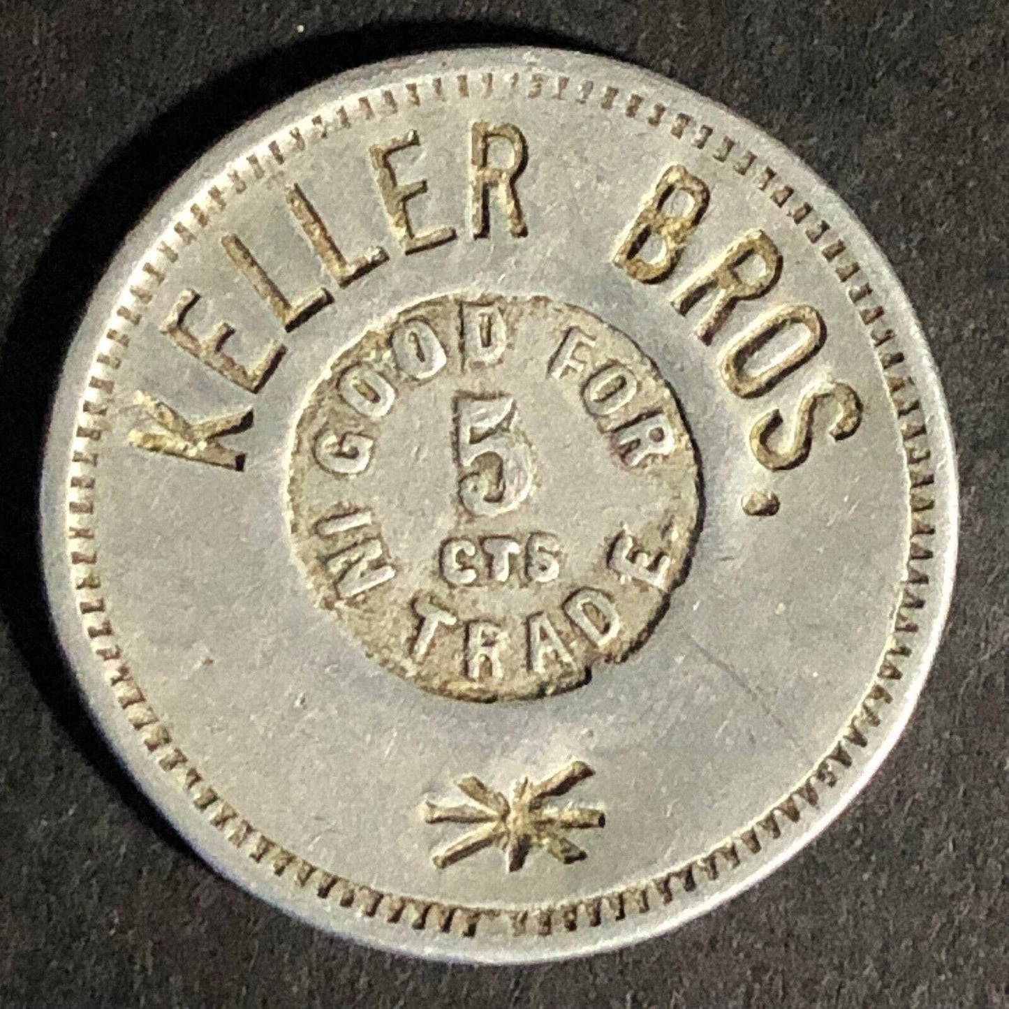 Keller Bros. (Billiards Logansport, IN?) Aluminum G/F 5c In Trade 23.3mm Scarce