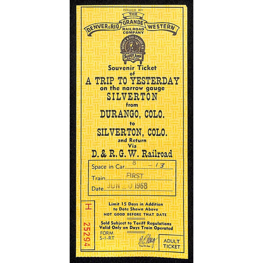 Denver and Rio Grande Western 1968 Railroad Souvenir Ticket Silverton #25294
