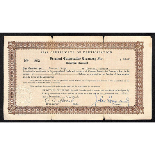 Bradford Vermont Cooperative Creamery Participation Certificate 1945