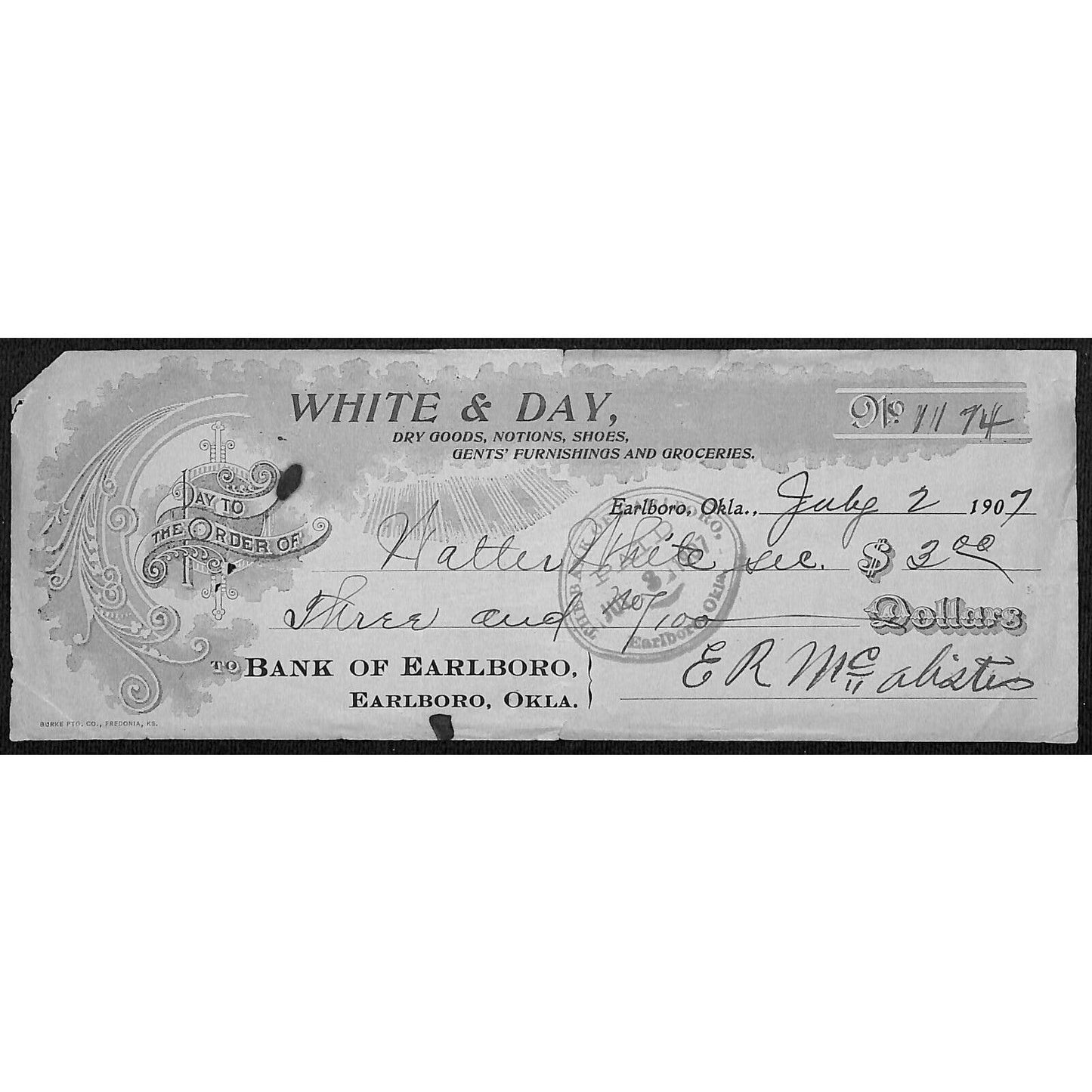 Earlboro, OK 1907 Territorial "White & Day" Dry Goods Bank Check - Scarce