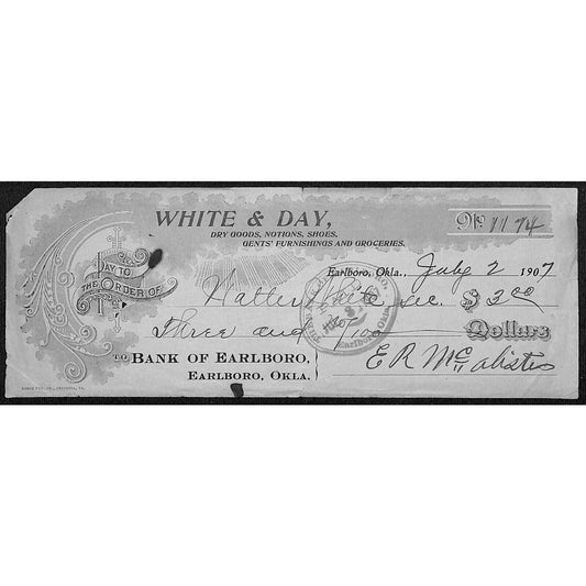 Earlboro, OK 1907 Territorial "White & Day" Dry Goods Bank Check - Scarce
