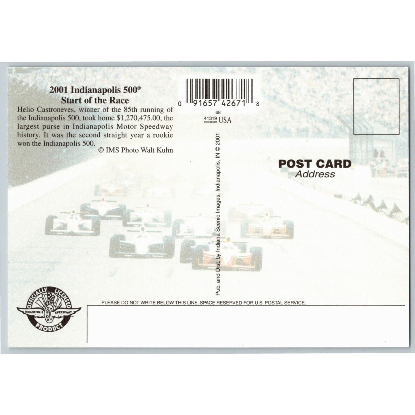 c2001 Indy 500 - Start of Race - Motor Speedway NOS 4" x 5 3/4" Postcard