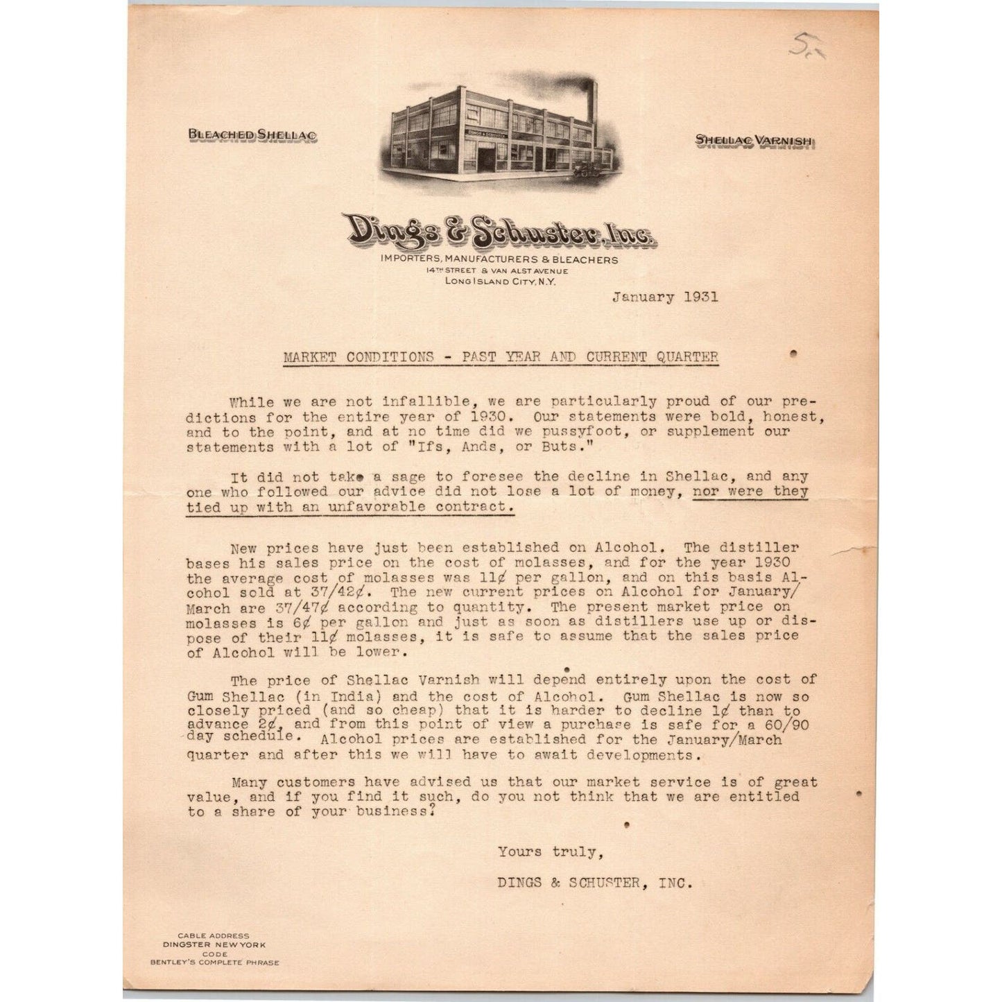 Long island City NY Billhead Letterhead 1931 Dings & Schuster Shellac Varnish