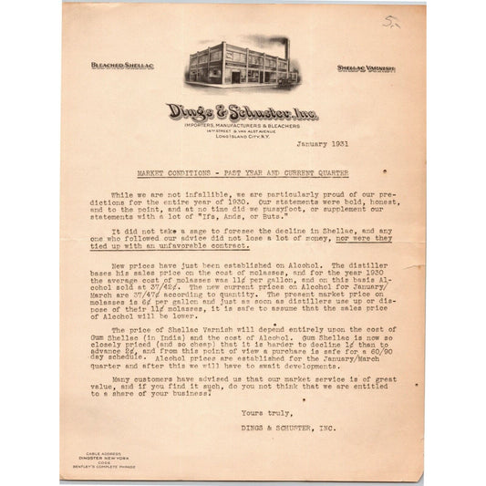 Long island City NY Billhead Letterhead 1931 Dings & Schuster Shellac Varnish