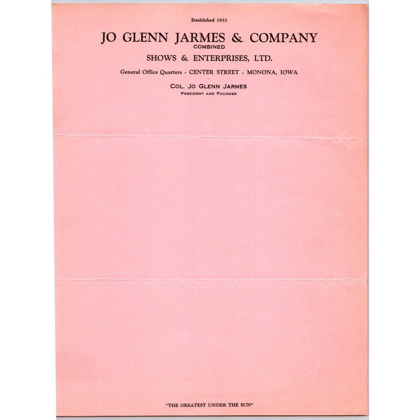 Jo Glenn Jarmes & Co. Shows & Enterprises Circus Letterhead c1936 Scarce