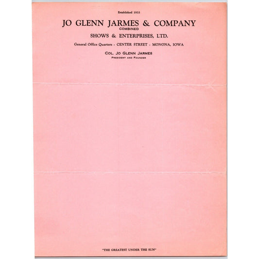Jo Glenn Jarmes & Co. Shows & Enterprises Circus Letterhead c1936 Scarce