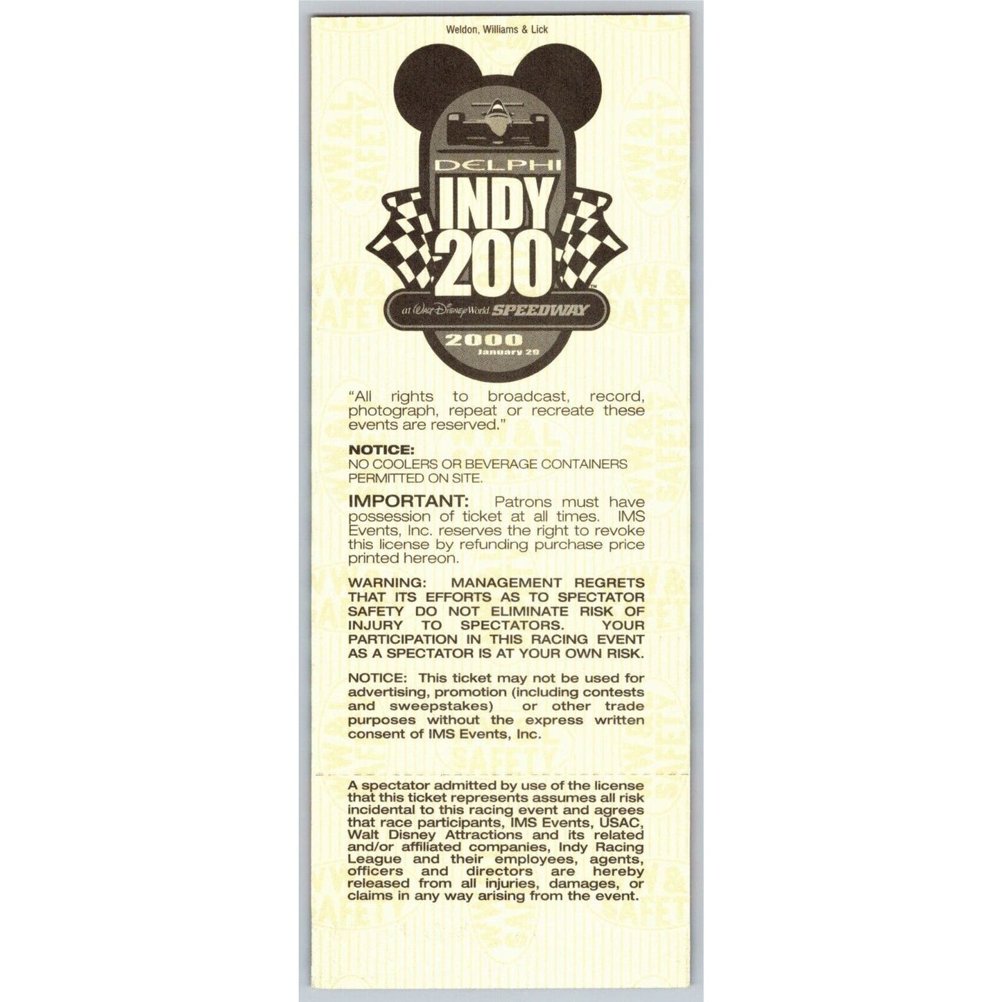 2000 Indy 200 Walt Disney Speedway Qualifying Unused Ticket - VGC
