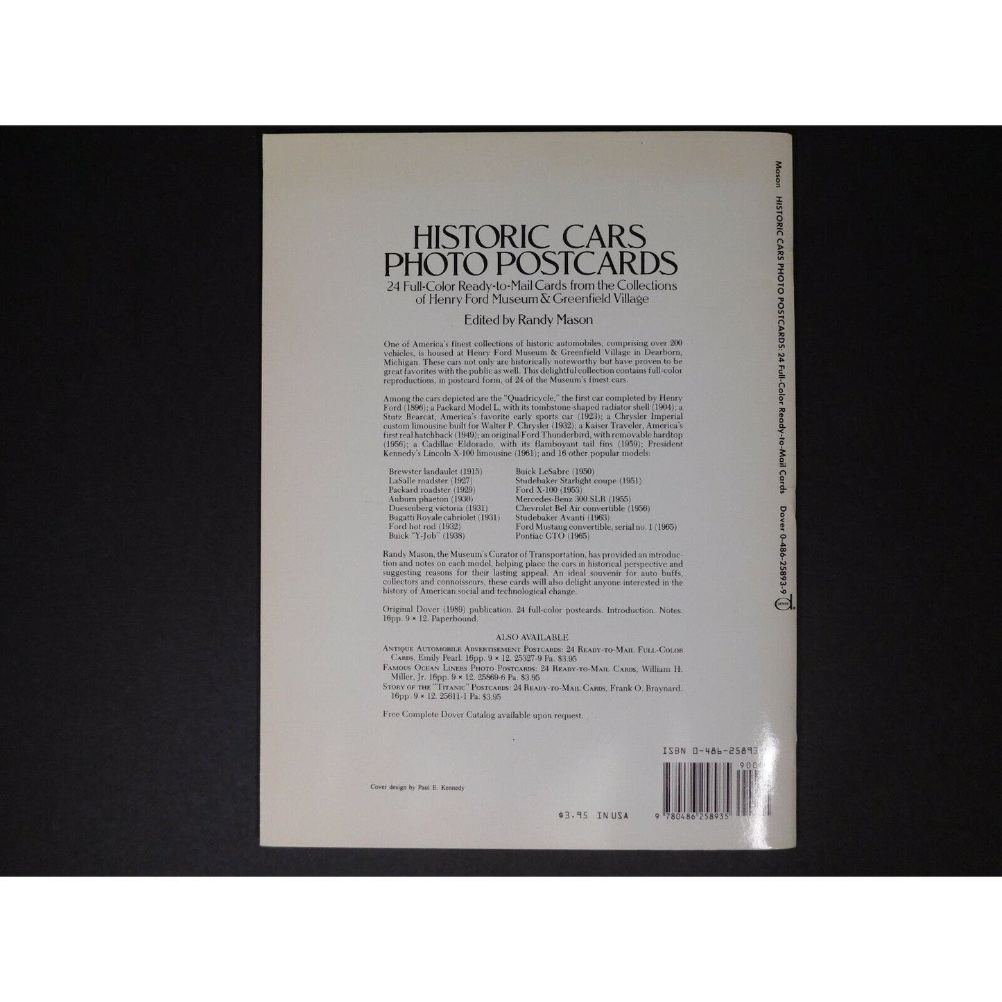 1989 Historic Cars Photo Postcard Book - 24 Glossy Tear-Outs - Mint Condition