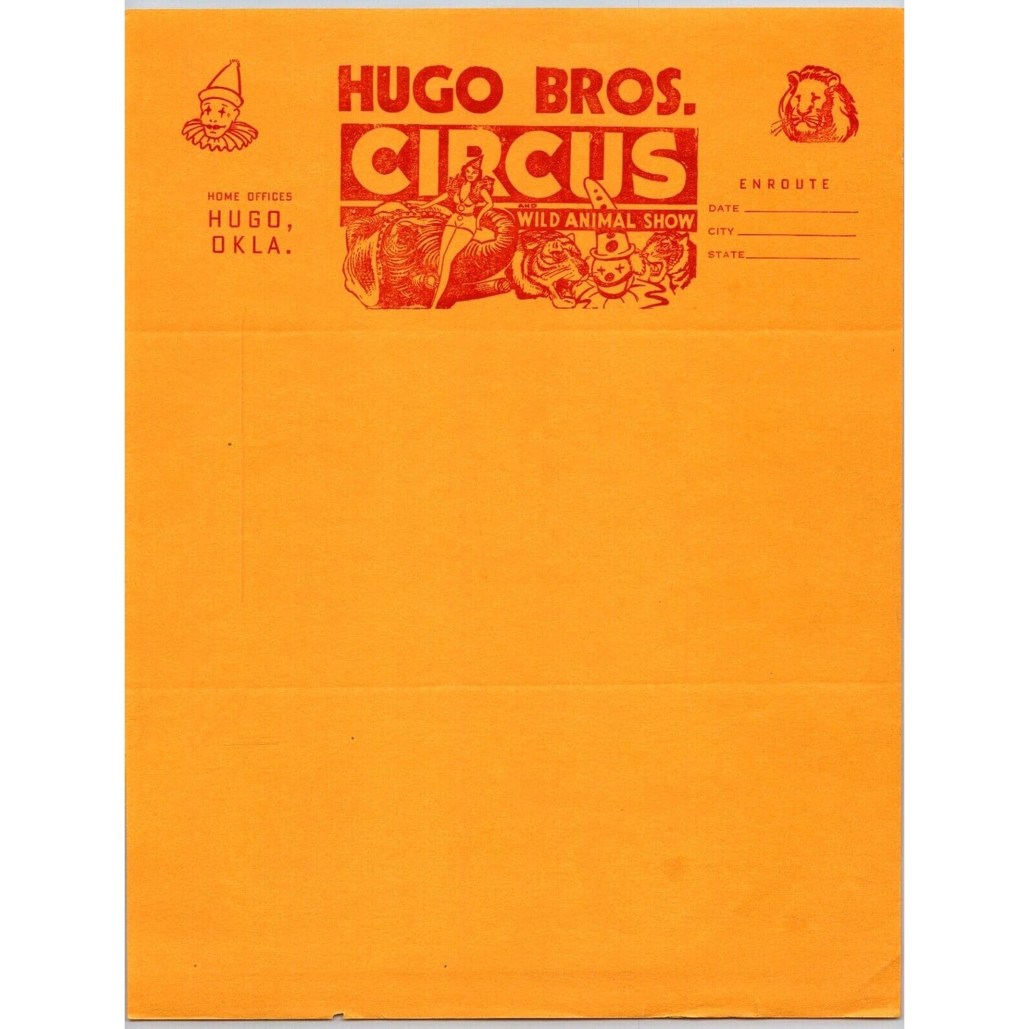 Hugo Bros. Wild Animal Show Circus Letterhead 1945 Hugo, OK Elephant