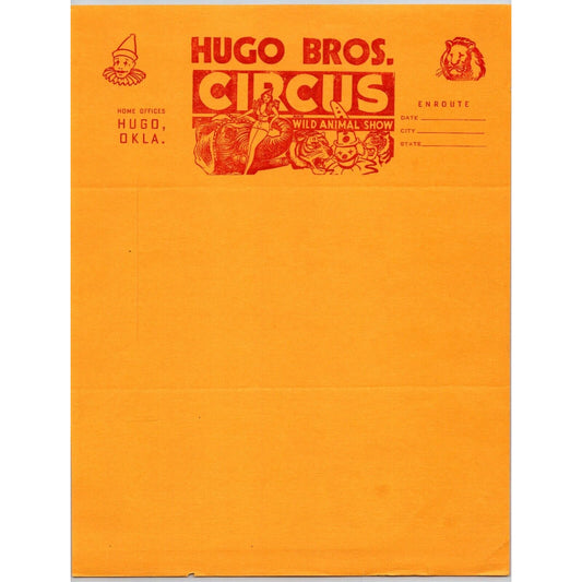 Hugo Bros. Wild Animal Show Circus Letterhead 1945 Hugo, OK Elephant