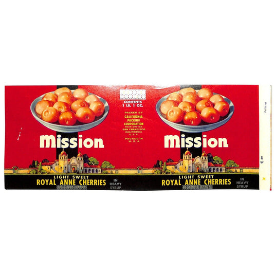 1949 Paper Fruit Can Label Mission Brand Royal Anne Cherries VGC Scarce