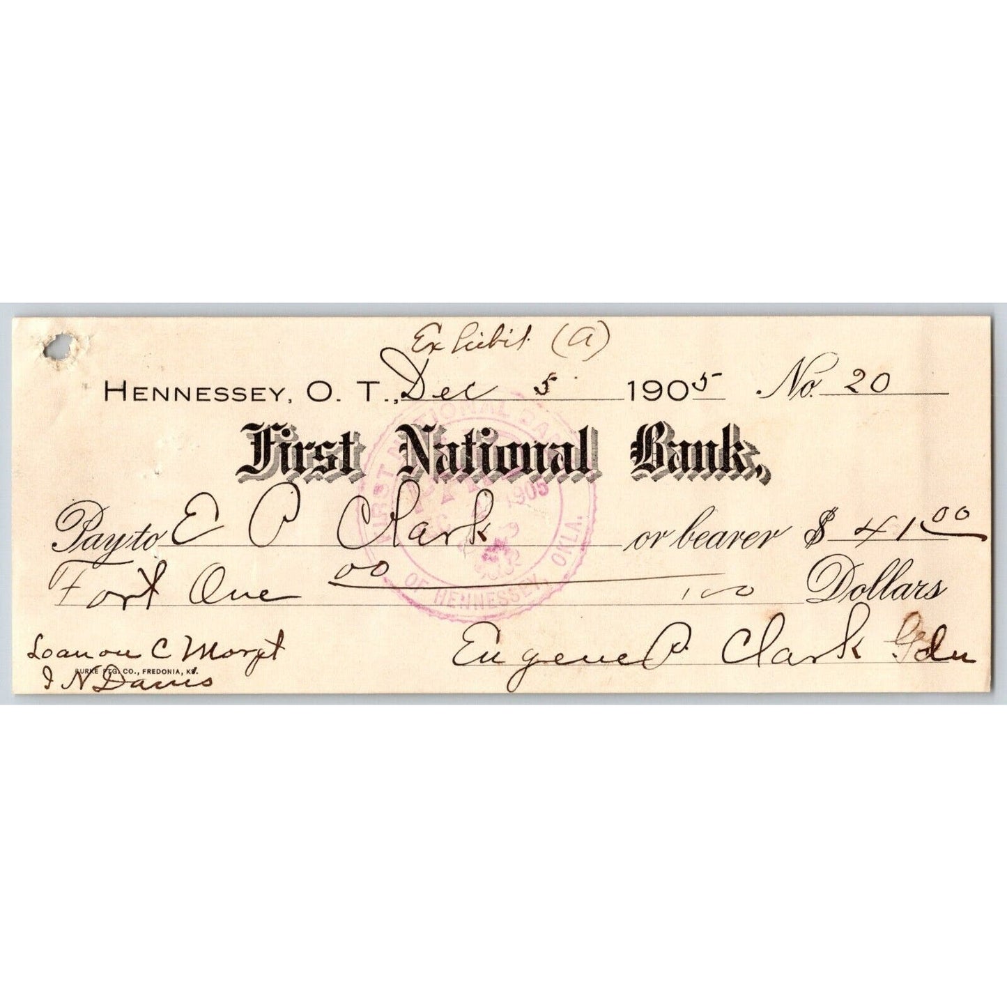 Hennessey, OK Indian Territory 1905 Bank FNB Bank Check "Eugene P Clark"