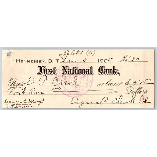 Hennessey, OK Indian Territory 1905 Bank FNB Bank Check "Eugene P Clark"