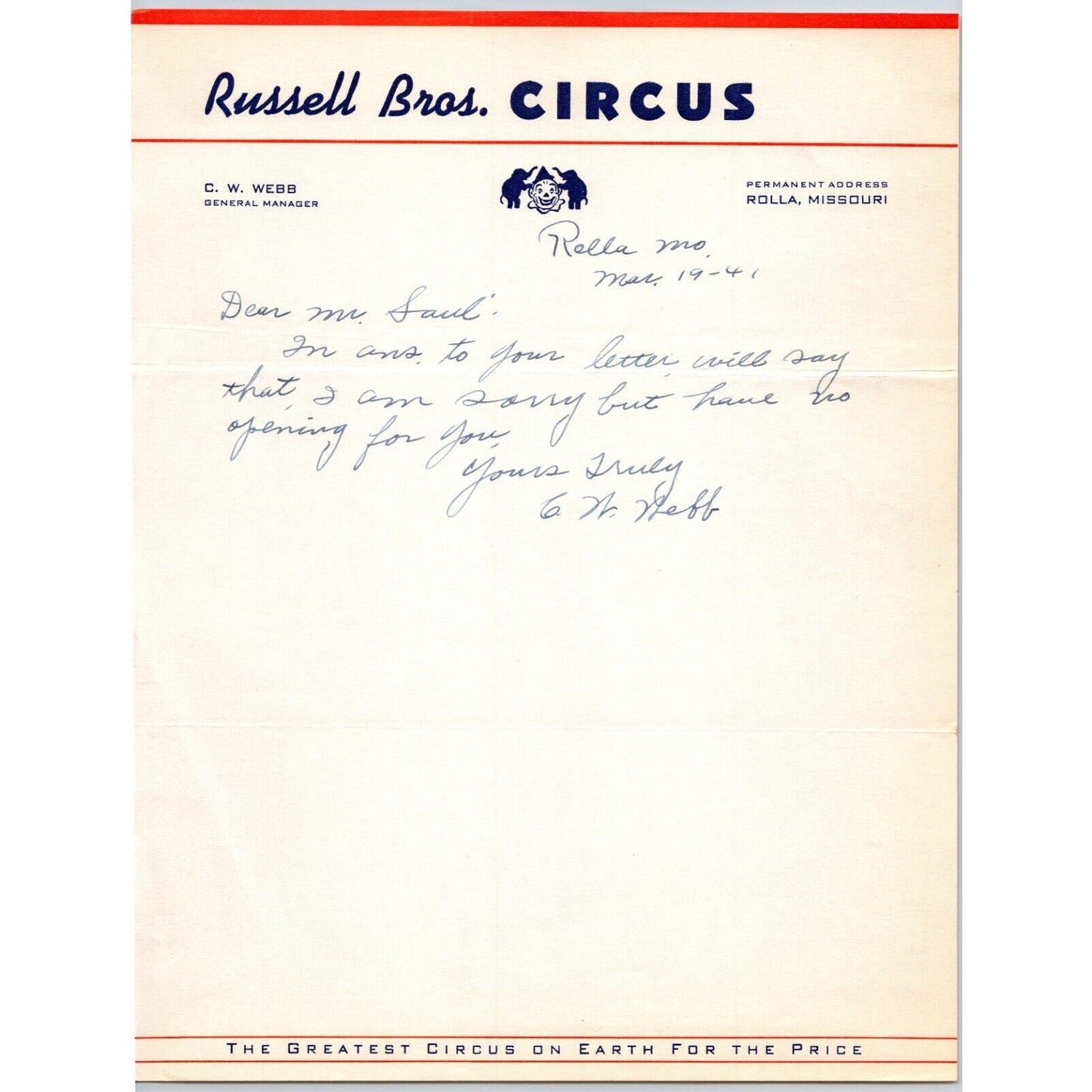 Russell Bros. Circus Letterhead 1941 Rolla Missouri Signed C.W. Webb