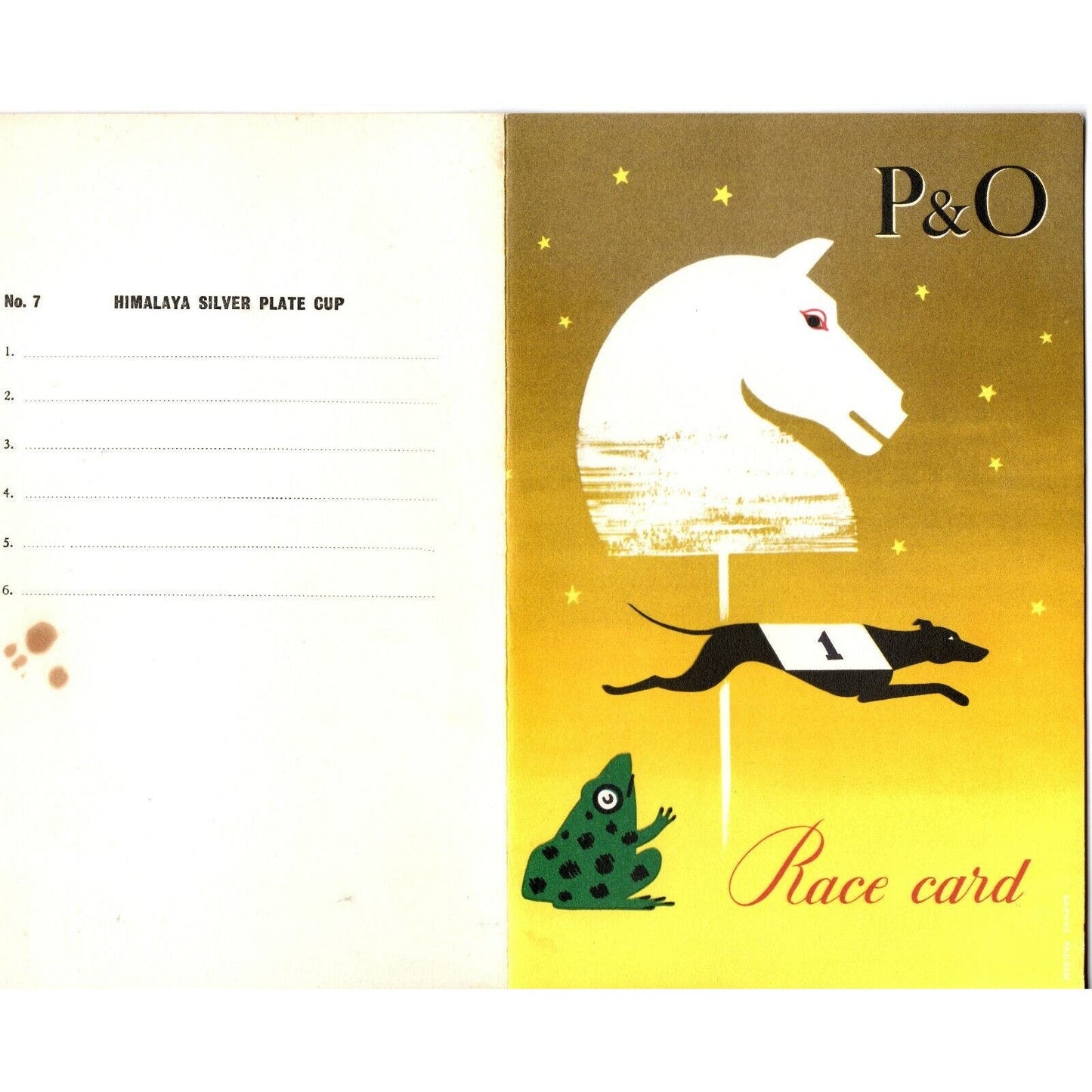 1959 P&O Cruise Ship Joke? Numbered Himalayan Dog Race Card Program