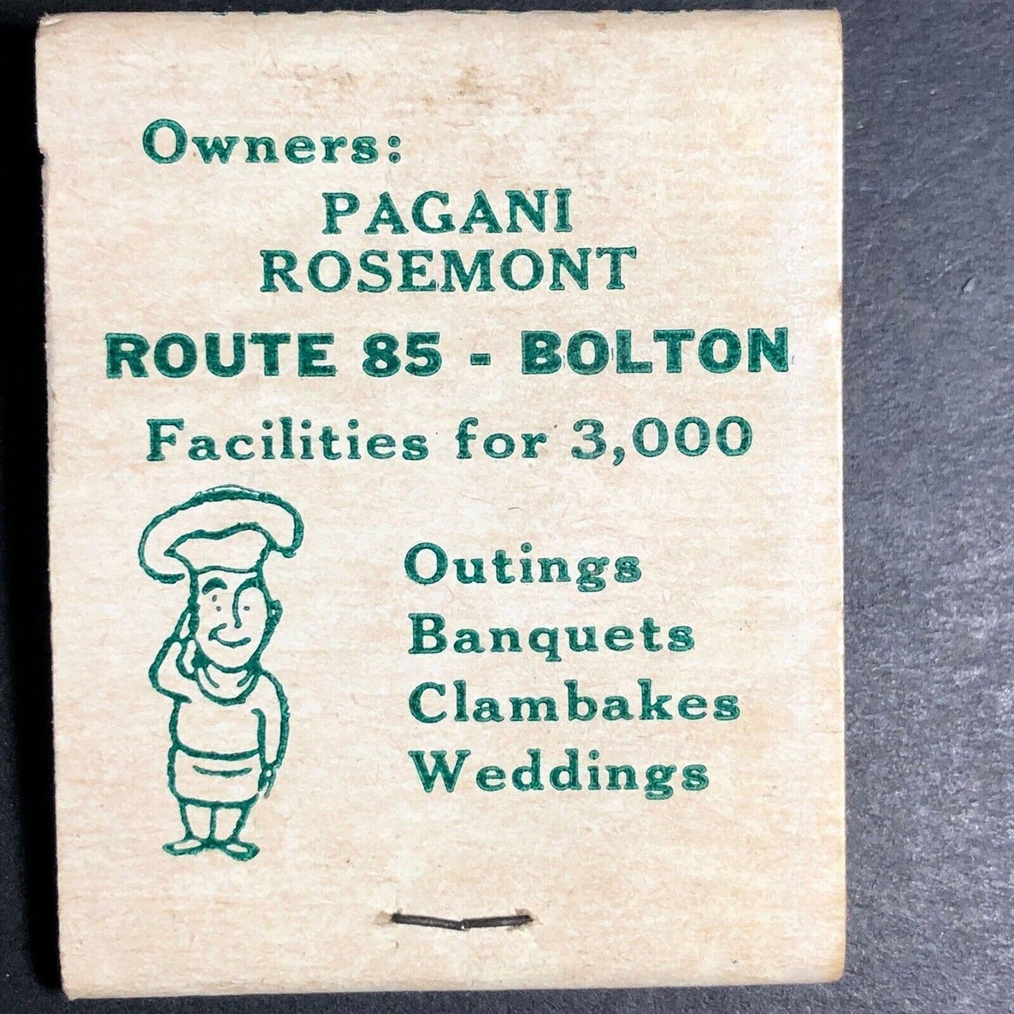 1950's-60's Full Matchbook "Pagani's Caterers" Clambakes Bolton Manchester, CT