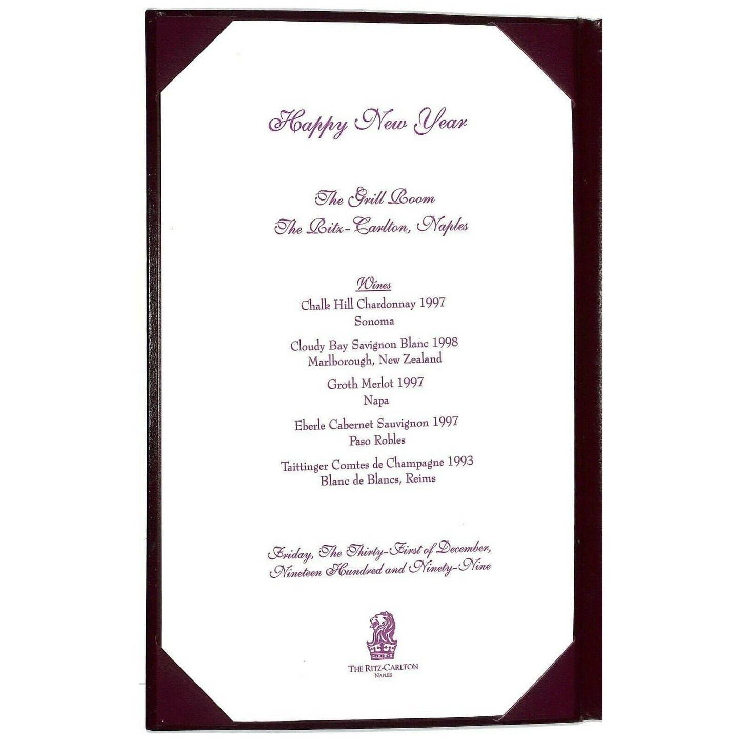 Ritz-Carlton Naples FLA 1999 New Years Eve Millennium Dinner Menu - Signed x2