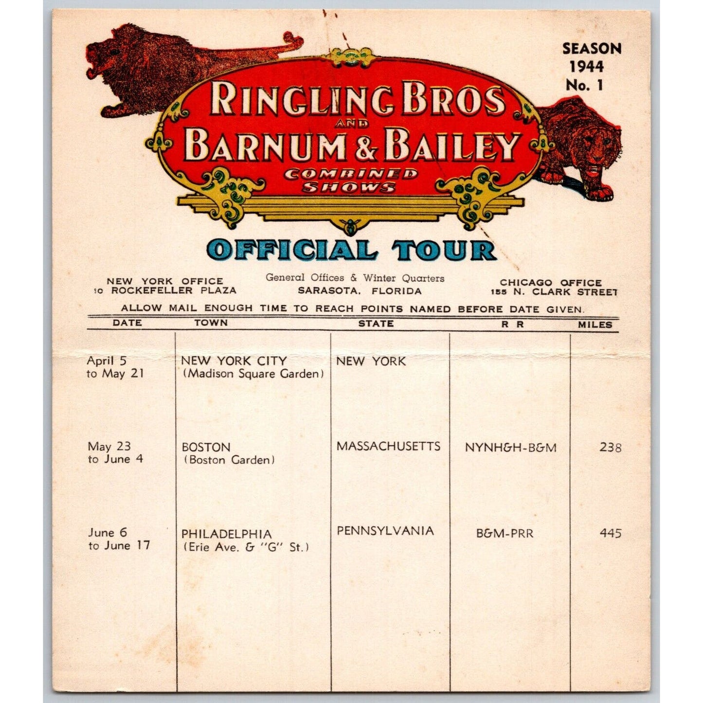 1944 Ringling Bros Barnum & Bailey Circus Route Card Madison Square Garden
