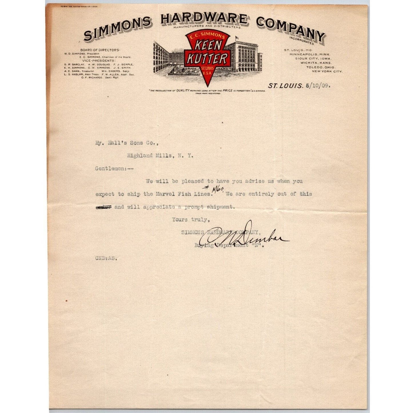 Keen Kutter Simmons Hardware Co. St. Louis 1909 Letterhead to: Henry Hall Rods