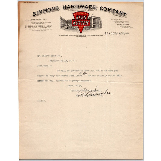 Keen Kutter Simmons Hardware Co. St. Louis 1909 Letterhead to: Henry Hall Rods