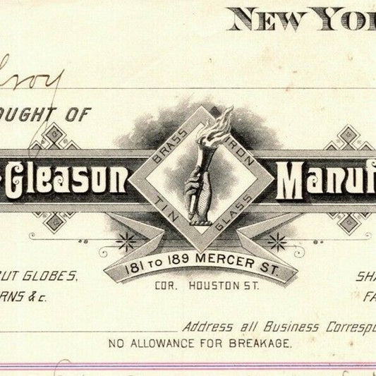 1887 "E. P. Gleason" Cut Glass Globes Billhead Letterhead Mercer St NYC