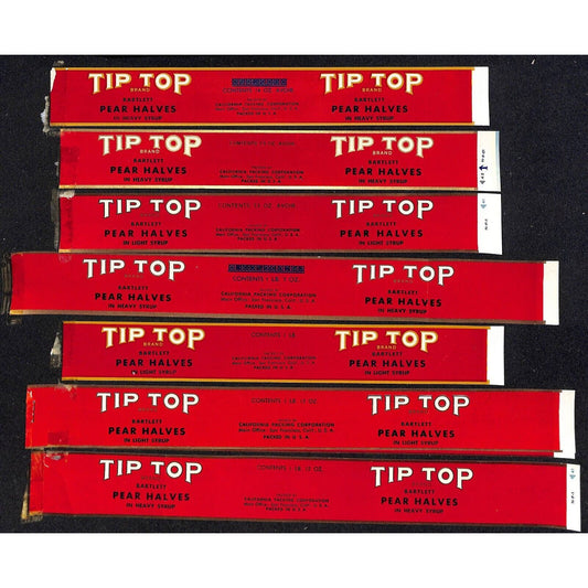 7 1943-1945 Vintage Paper Labels Tip Top Brand Bartlett Pear Halves CA Packing