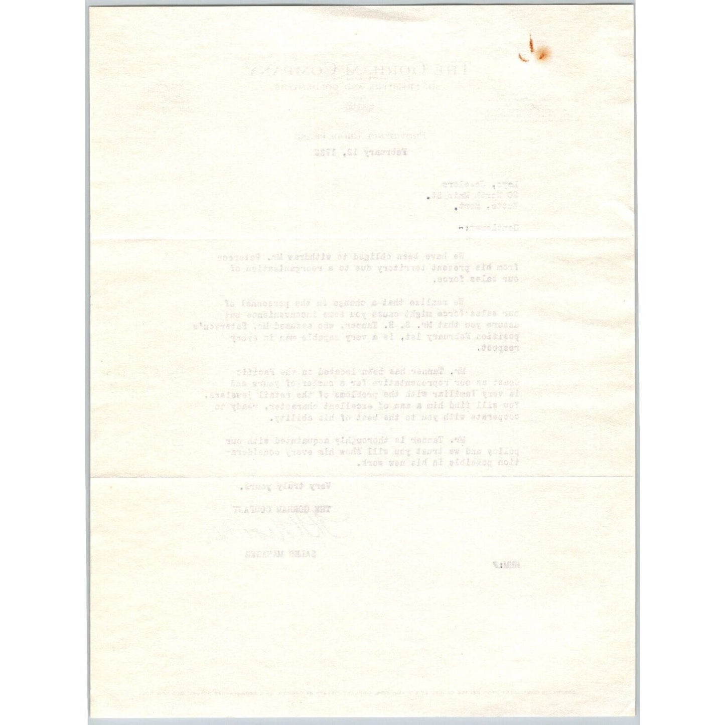 Gorham Company Silversmiths to "Leys" Jewelers Butte, MT 1932 Territory Change